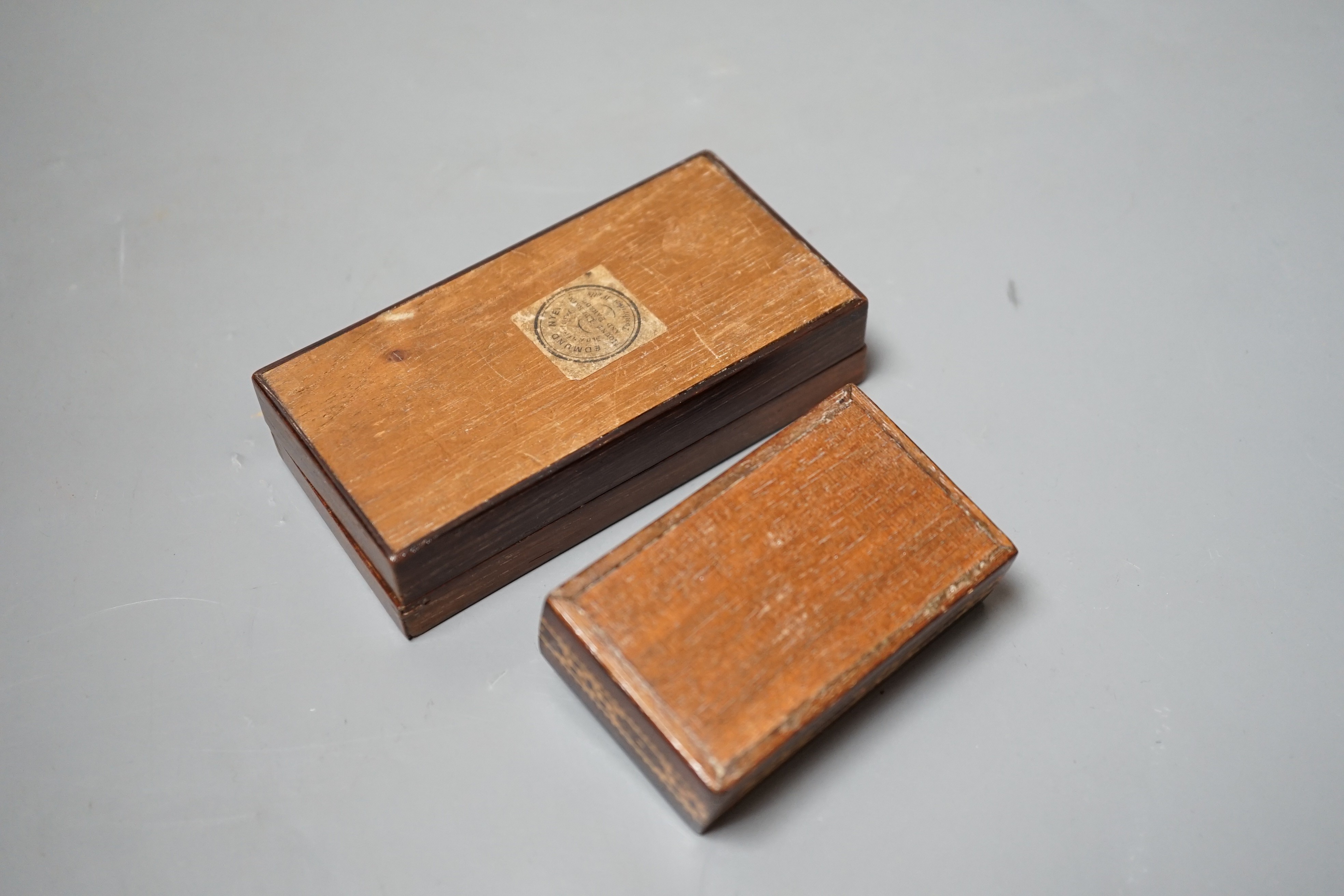 A Tunbridge ware rosewood half square mosaic box, label for Edmund Nye and a similar rosewood and mosaic small box, widest 10.5cm